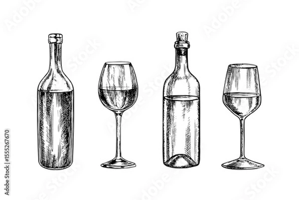 Fototapeta A set of wine images. Bottles for white and red wine, wine glasses. Handmade vector illustrations. For packaging and labels. For banners and posters. For restaurants, bars, and more.