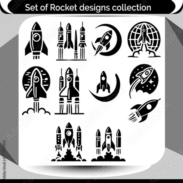 Fototapeta Diverse collection showcasing space travel designs of rockets and spaceships, perfect for icons, stickers, or creative projects.