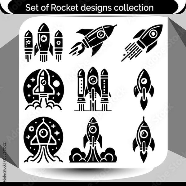 Fototapeta Rockets set with different cosmic rocketships takes off designs for creative projects and aerospace concepts in space explorations.