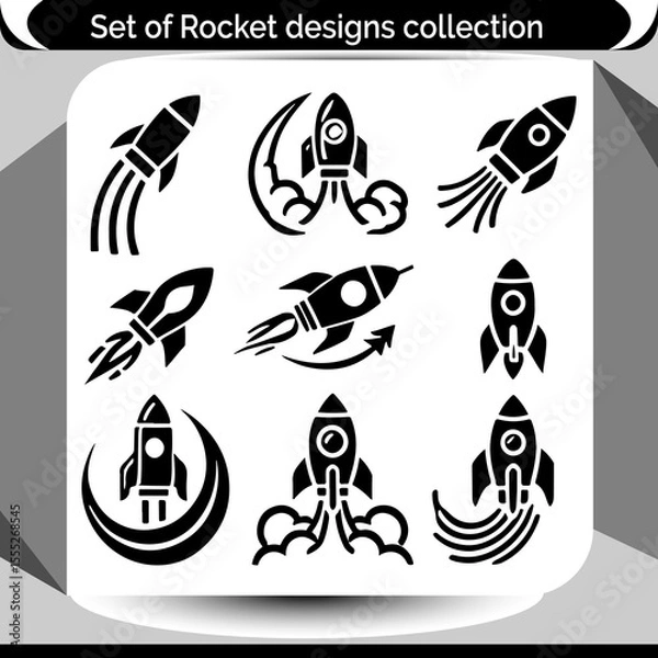 Fototapeta A collection of black rocket graphics featuring various launch designs, perfect for space themed designs and aerospace related branding.