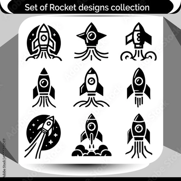 Fototapeta Collection of nine stylized rocket symbols suitable for science, space exploration, and futuristic designs with a monochrome aesthetic.
