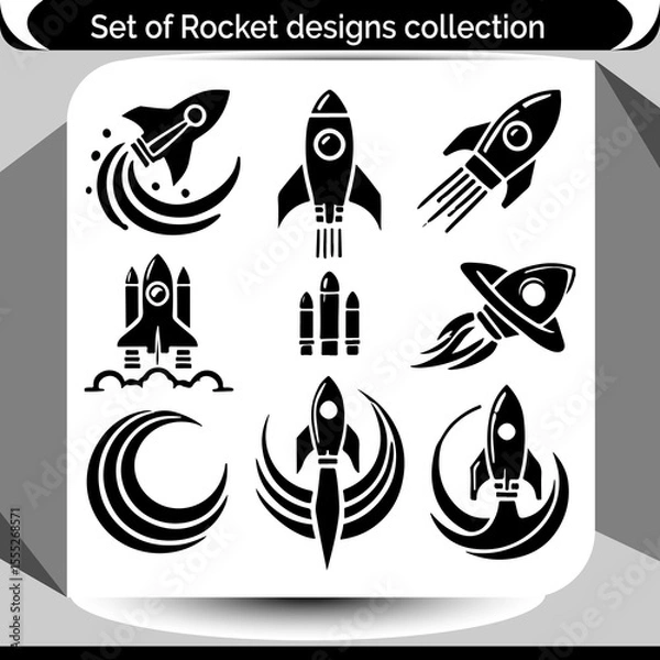 Fototapeta Collection of sleek rocket ship symbols ideal for futuristic design projects and modern space exploration themes for branding and logo development.