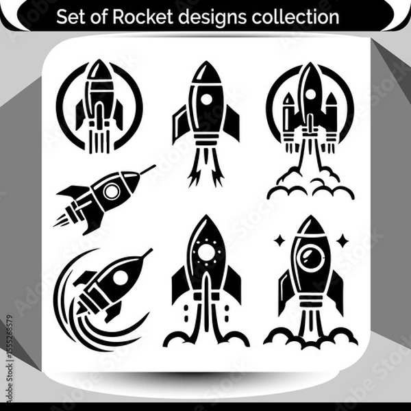 Fototapeta Rocket ship silhouette set for startup ventures and space exploration themes, usable for logos, icons and other creative projects.