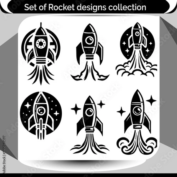 Fototapeta Black and white rockets art for logo or icon designs features spaceships blasting off with stellar designs for a cosmic feel.