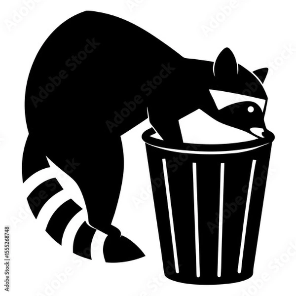 Obraz Funny Raccoon Sitting in Trash Can Silhouette Vector