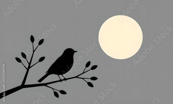 Fototapeta Silhouette of bird perched on branch under full moon at night