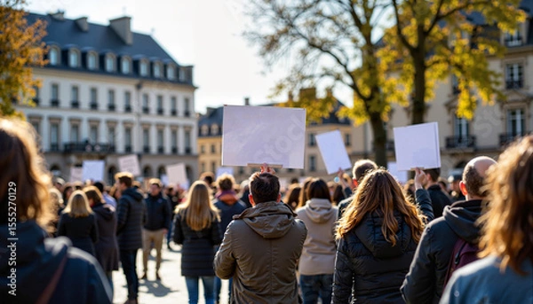 Fototapeta A crowd of people protesting in a public square with signs  - Generic AI Image