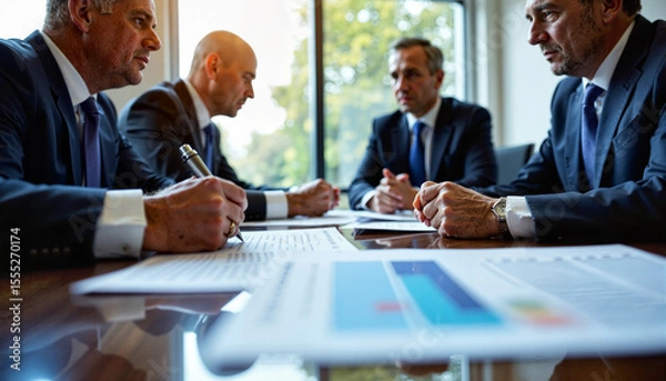 Fototapeta Four men in business suits sitting around a table in a meeting, with laptops and documents in front of them. - Generic AI Image