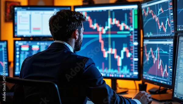 Fototapeta A person analyzing stock market charts on multiple screens with various financial data and graphs in an office setting. - Generic AI Image