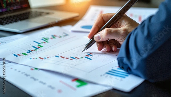 Fototapeta A hand holding a pen writing on a printed stock chart with various financial data and graphs on a desk. - Generic AI Image