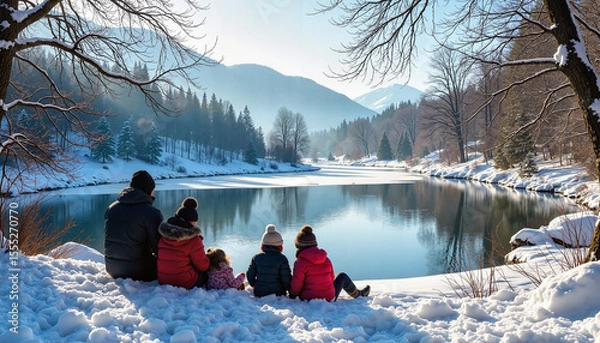 Fototapeta A family sitting by a snowy lake with mountains and trees in the background, enjoying a winter landscape. - Generic AI Image