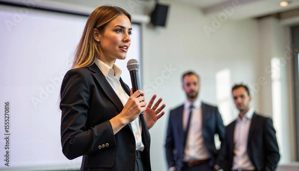 Fototapeta A woman in a business suit speaking into a microphone at a conference with two men in the background. - Generic AI Image