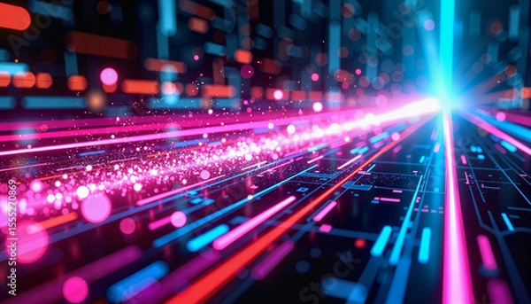Fototapeta A futuristic digital data stream with bright lights and abstract shapes representing advanced technology. - Generic AI Image