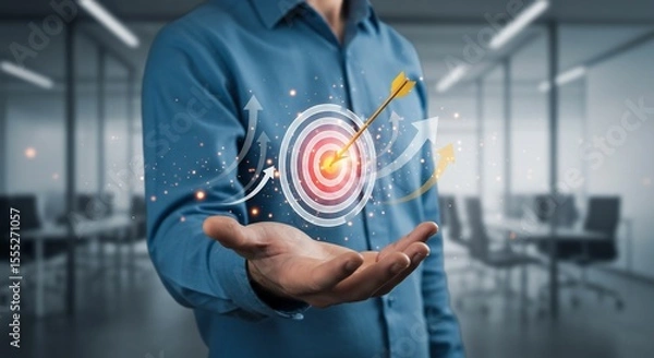 Fototapeta Businessman Presenting Target with Arrow, Success Concept, Office Background, Digital Illustration.