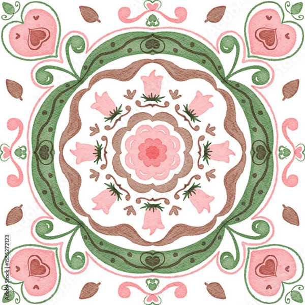 Fototapeta Watercolor decorative colorful ornament on isolated background. Symmetric seamless batik floral mandala tribal ethnic pattern for fabric textile card wallpaper