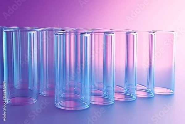 Obraz Row of clear glass cylinders with blue and pink gradient lighting