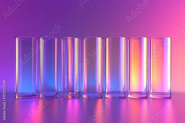Obraz Row of clear glass tumblers illuminated with vibrant purple and pink neon lighting