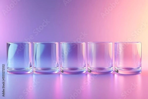 Obraz Five clear glass tumblers lined up with colorful iridescent light reflections