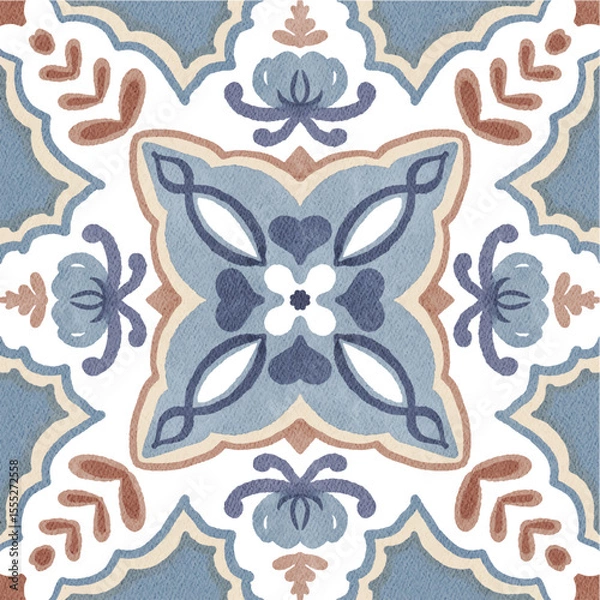 Fototapeta Watercolor decorative colorful ornament on isolated background. Symmetric seamless batik floral mandala tribal ethnic pattern for fabric textile card wallpaper