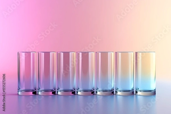 Obraz Row of empty transparent glasses with iridescent colorful reflections on a gradient background