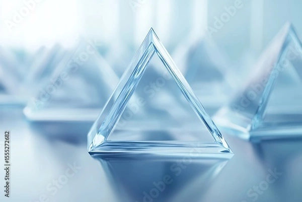 Obraz Abstract geometric composition of clear glass pyramids with soft blue light and reflections