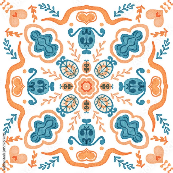 Fototapeta Watercolor decorative colorful ornament on isolated background. Symmetric seamless batik floral mandala tribal ethnic pattern for fabric textile card wallpaper