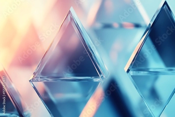 Obraz Abstract close up of shimmering geometric glass pyramids with soft light and bokeh effects