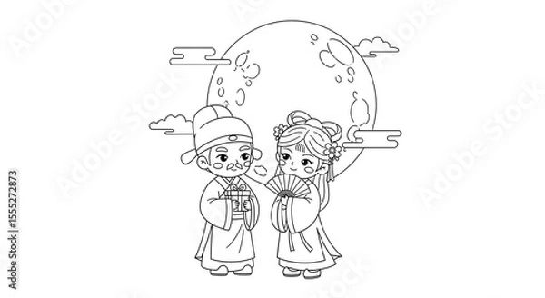 Fototapeta Charming cartoon couple in traditional chinese attire with a full moon isolated on transparent background