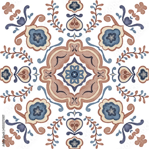Fototapeta Watercolor decorative colorful ornament on isolated background. Symmetric seamless batik floral mandala tribal ethnic pattern for fabric textile card wallpaper
