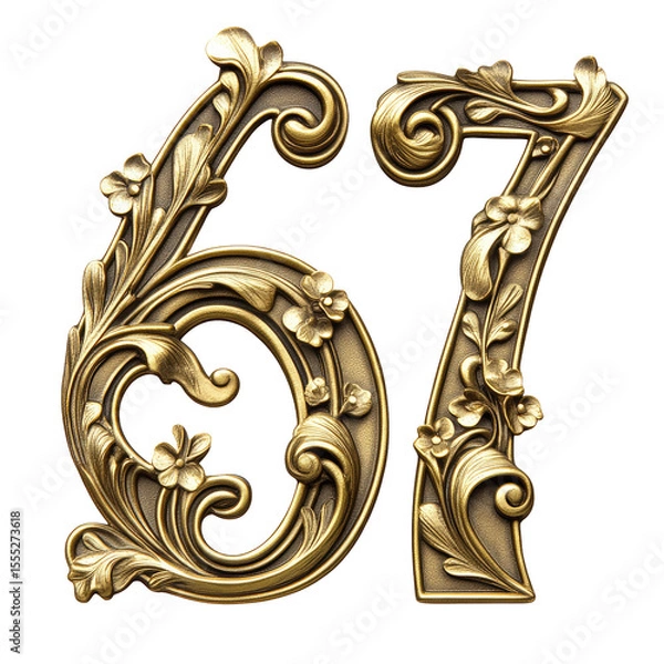 Fototapeta Ornate Gold Numbers 67 With Floral Scrollwork on Transparent Backdrop