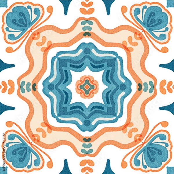 Fototapeta Watercolor decorative colorful ornament on isolated background. Symmetric seamless batik floral mandala tribal ethnic pattern for fabric textile card wallpaper