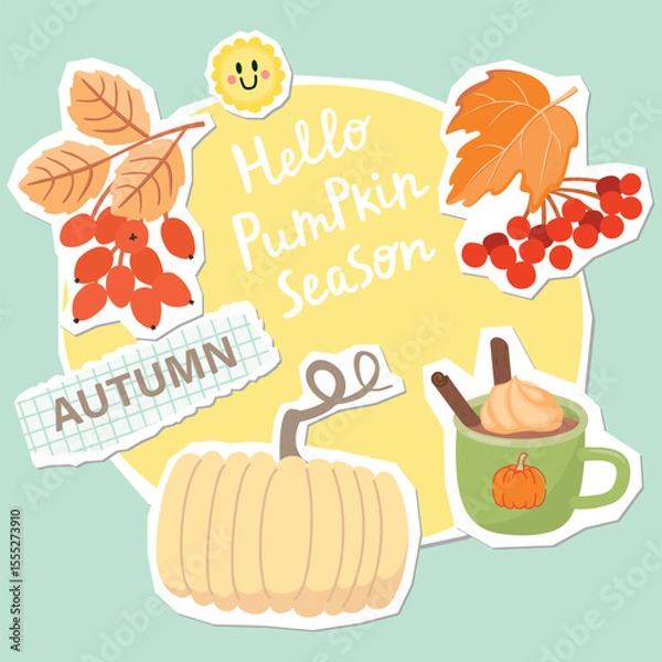 Fototapeta Autumn collage elements set with pumpkin, leaves,berries and drink. Hello Pumpkin season poster with cartoon objects and paper cut shapes. Yellow, red, orange,green and beige colors.Vector design.