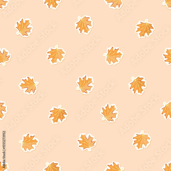 Fototapeta Autumn seamless pattern with maple leaves. Cartoon objects with paper cut shapes. Yellow, orange and brown colors on pink background. Floral print on fabric . Vector design for textile, wallpaper.