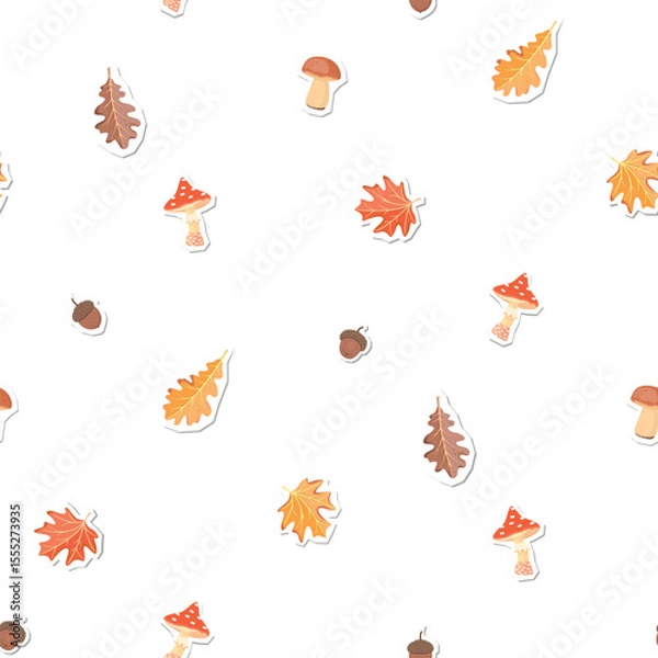 Fototapeta Autumn seamless pattern with forest mushrooms ,maple and oak leaves and acorns. Cartoon objects with paper cut shapes. Yellow, orange, red, brown colors on white background. Vector design for textile.