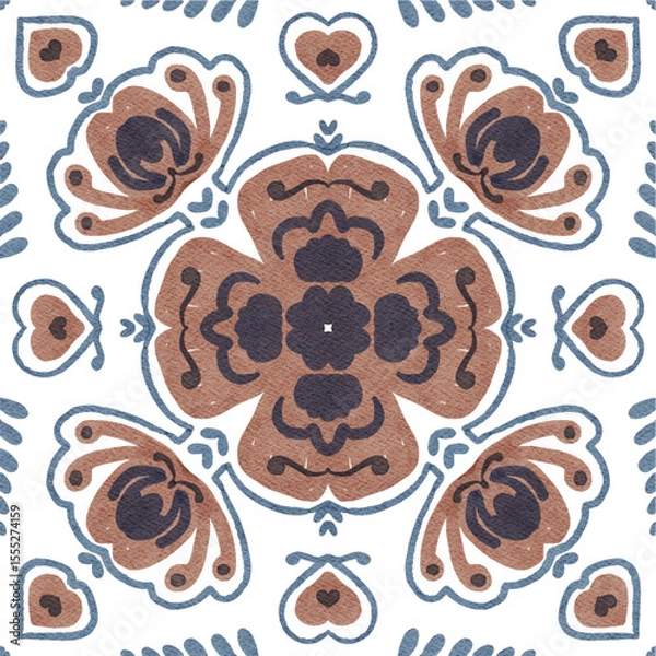 Fototapeta Watercolor decorative colorful ornament on isolated background. Symmetric seamless batik floral mandala tribal ethnic pattern for fabric textile card wallpaper