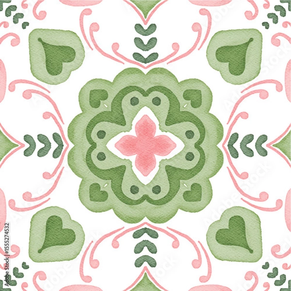 Fototapeta Watercolor decorative colorful ornament on isolated background. Symmetric seamless batik floral mandala tribal ethnic pattern for fabric textile card wallpaper