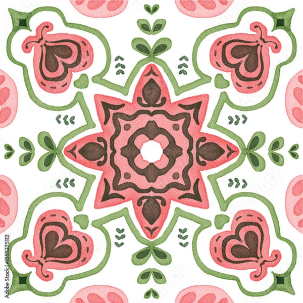 Fototapeta Watercolor decorative colorful ornament on isolated background. Symmetric seamless batik floral mandala tribal ethnic pattern for fabric textile card wallpaper