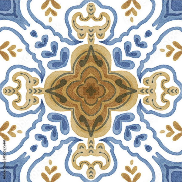 Fototapeta Watercolor decorative colorful ornament on isolated background. Symmetric seamless batik floral mandala tribal ethnic pattern for fabric textile card wallpaper