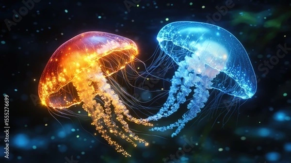Fototapeta Two bioluminescent jellyfish glowing in a dark underwater scene.