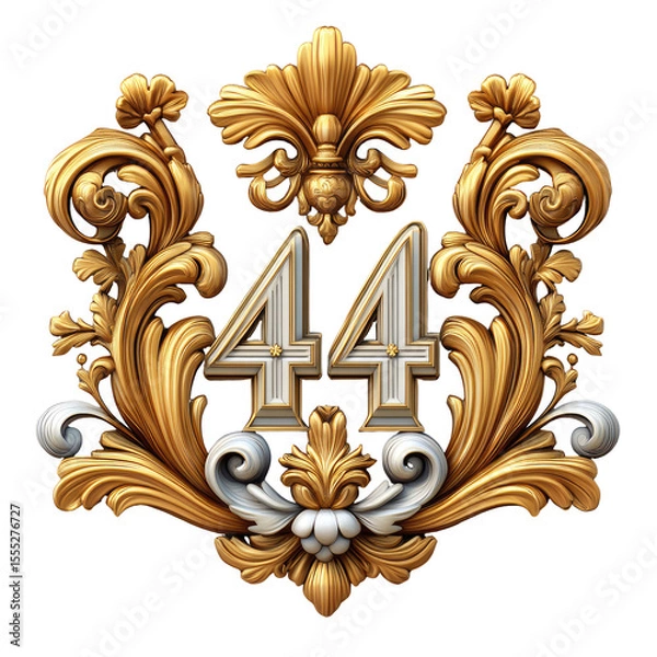 Fototapeta Ornate Golden Emblem with Number 44 Featuring Elaborate Floral and Scrollwork Details Against Transparent Background