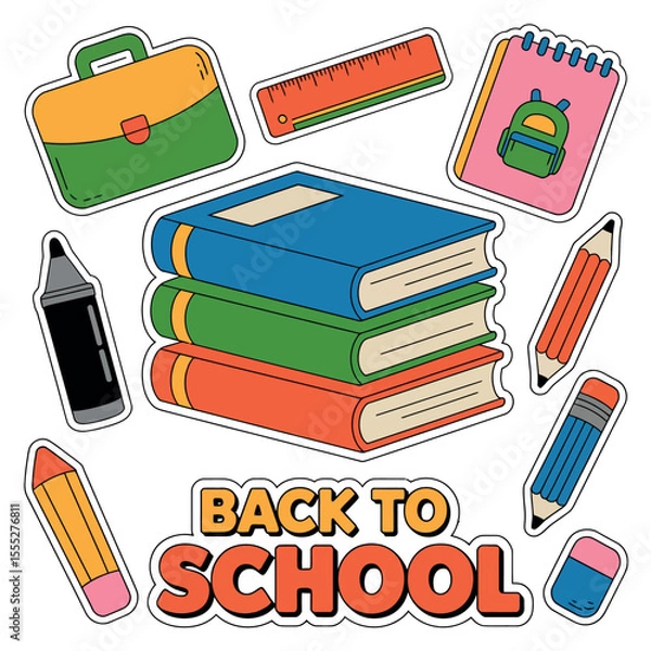 Fototapeta A cheerful collection of 'Back to School' stickers featuring essential items like stacked books, a briefcase, ruler, notebook, pencils, marker, and eraser, all surrounding a bold "BACK TO SCHOOL" text