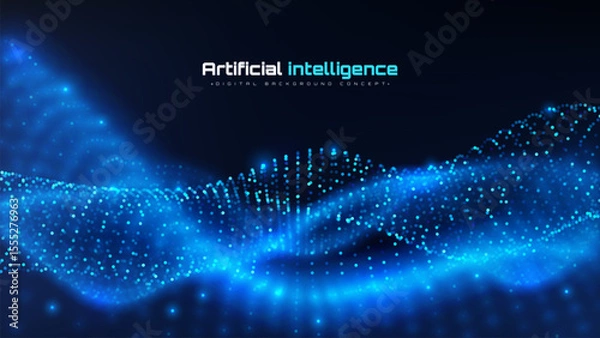 Fototapeta Blue glow particle wave motion on dark background. Futuristic digital big data technology scene of deep learning artificial intelligence of brain wave design concepts. Vector illustration.