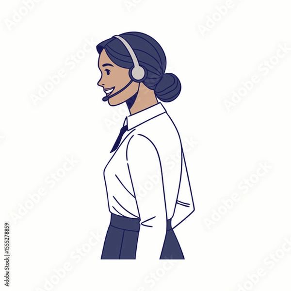 Fototapeta Smiling woman in customer care role using microphone headset on bright white background