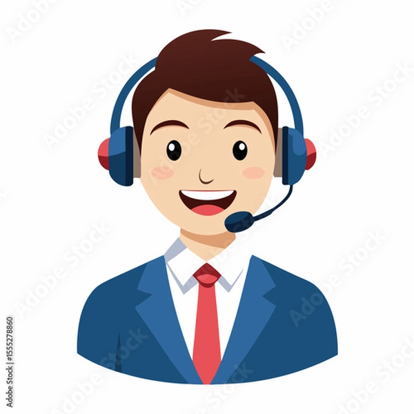 Fototapeta Smiling young call center representative in headset communicating effectively on white backdrop