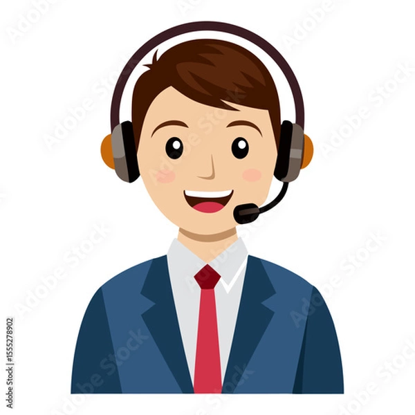 Fototapeta Young man with headset providing friendly customer service in bright and clean white studio