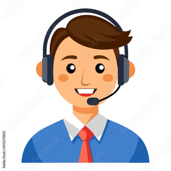 Fototapeta Young man call center employee smiling and assisting customers with headset on white backdrop