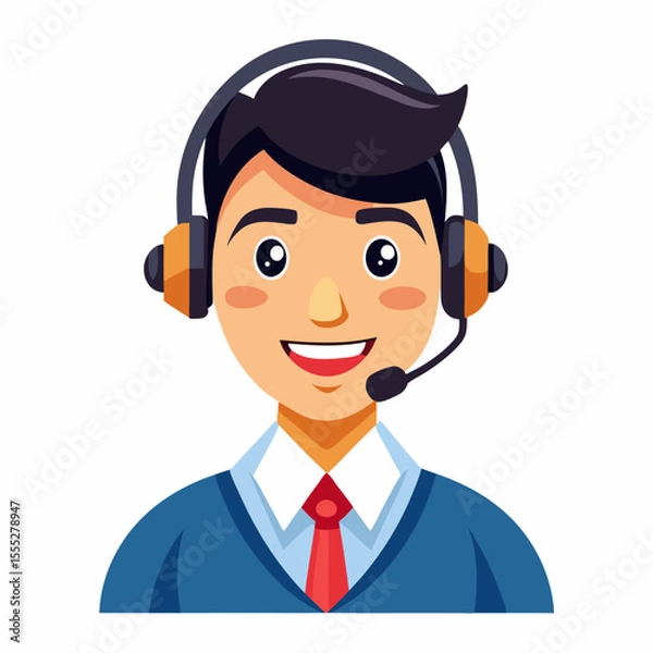 Fototapeta Happy young man in headset delivering professional service in bright studio with white background