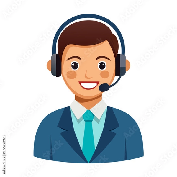 Fototapeta Positive customer care agent with headset smiling confidently against simple white background