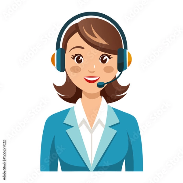 Fototapeta Positive woman customer care representative with microphone headset providing support on white backdrop