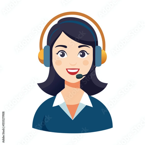 Fototapeta Professional woman customer service representative smiling with microphone on clean white background